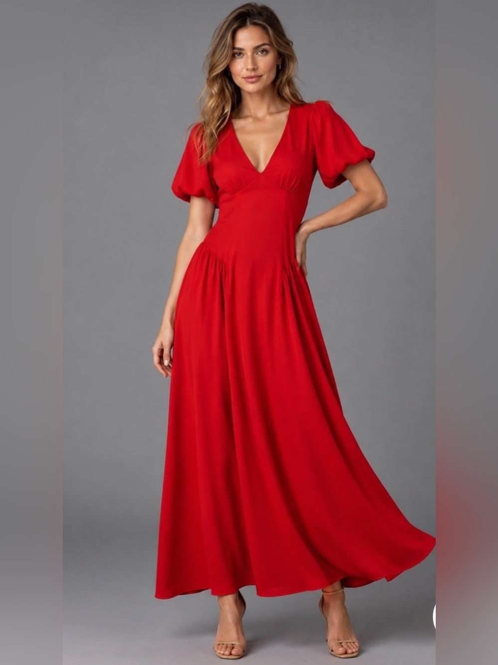 NWT Antonio Melani Kiara Red Puff-Sleeve A-Line Maxi Dress Deep V-Neck Size 8